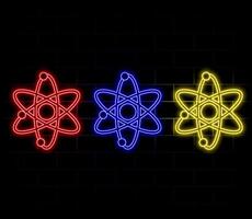 Atom icon. Neon light atomic neutron. Atom blue color. Nuclear atom. 3d cell nucleus. Molecule fusion. Orbit spin. Proton core symbol. Ion element. Science physics. Energy core. illustration vector