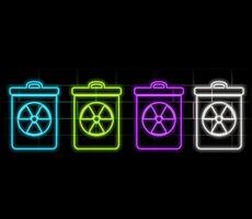 Glowing neon Infectious waste icon isolated on brick wall background. Tank for collecting radioactive waste. Dumpster or container. Biohazardous substances. vector