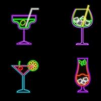 Bar and alcohol drinks neon signs on dark background set vector