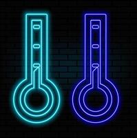Glowing neon Meteorology thermometer measuring heat and cold icon isolated on brick wall background. Thermometer equipment showing hot or cold weather. Illustration vector