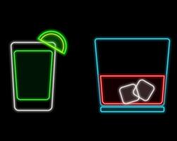 Glowing neon line Glass of whiskey and ice cubes icon isolated on black background. vector