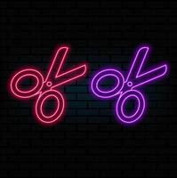 Glowing neon Scissors icon isolated on brick wall background. Cutting tool sign. vector