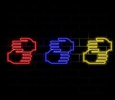 Neon light glow effect. Handshake line icon. Hand gesture sign. Business deal palm symbol. 3d line neon glow icon. Brick wall banner. Handshake outline. vector