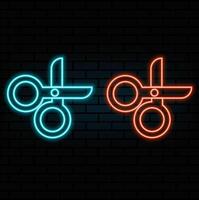 Glowing neon line Scissors icon isolated on brick wall background. Cutting tool sign. Illustration vector