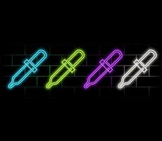 Flask and dropper neon icon in line style. Vial and pipette with dropping liquid. Chemical or medical equipment. vector