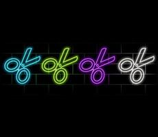 Color neon line Scissors icon isolated on black background. Cutting tool sign. Set icons in square buttons. Illustration vector