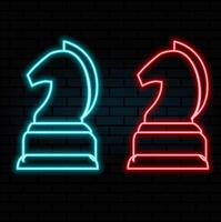Image of a Chess Knight made of neon lamps on a background in the form of a dark brick wall. Hand of Horse with bright neon light. vector