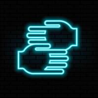 Neon light glow effect. Vote hands line icon. Election voting sign. Volunteers or referendum symbol. 3d line neon glow icon. Brick wall banner. Vote outline. vector