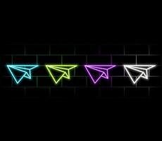 Outline neon paper plane icon. Glowing neon airplane silhouette, message sending pictogram. Letter mailing, send message and news, isometric airplane, launch and flight. icon set for UI vector