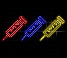 Glowing neon line Syringe with serum icon isolated on brick wall background. Syringe for vaccine, vaccination, injection, flu shot. Medical equipment. vector