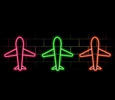 Outline neon airplane icon. Glowing neon plane sign, aircraft pictogram in vivid colors. Personal airplane, private jet, air journey and transportation, flight. icon set, symbol for UI vector