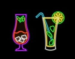 Neon bar shelf bottles icon set. Beverages for classic coctails. Glowing illustration for bar, liquor shop, isolated icons for menu. Whisky, tequila, gin, champagne and more. vector
