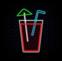 Soft drinks neon sign. Glass of lemonade with ice cube on brick wall background. illustration in neon style for family cafe and restaurant vector