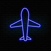 Glowing neon line Plane icon isolated on brick wall background. Flying airplane icon. Airliner sign. Colorful outline concept. vector