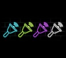 Neon bell icon. Glowing neon bell sign, outline notification pictogram in vivid colors. Online push notification, reminder sound alert, active alarm setting, updating. icon set, sign for UI vector