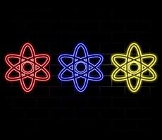 Atom icon isolated on transparent background. Fusion orbit spin. Neon light atomic neutron. Atom blue color. Nuclear atom. 3d cell nucleus. Molecule fusion. Proton core symbol. Ion element. vector