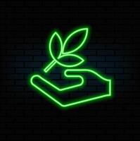 Set line Plant in hand of environmental protection, Watering can with water and Sprout icon. Glowing neon. vector