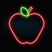 Red neon outline of an apple with a leaf on a black background vector