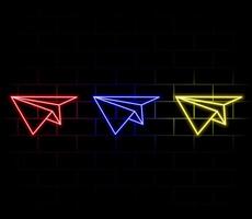 neon paper plane isolated on black background. Paper plane icon with glowing neon outline. illustration. vector
