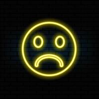 Glowing red neon sadness symbol blinking. Sad emoji facial expression icon loop motion graphics transparent background with alpha channel. Abstract unhappy sign vector