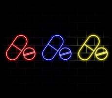 Glowing neon line Vitamin complex of pill capsule icon isolated on black background. Healthy lifestyle. vector