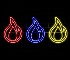 Set of different icons. illustration of neon orange flame fire isolated on dark background. vector