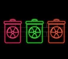 Glowing neon line Radioactive waste in barrel icon isolated on black background. Toxic refuse keg. Radioactive garbage emissions, environmental pollution. vector