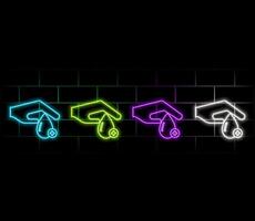Color neon line Washing hands with soap icon isolated on black background. Wash your hands with soap to prevent viruses and bacteria. Set icons on square buttons. illustration. purple color. vector