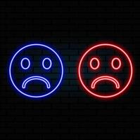Neon glowing sad smile icon. neon sad emoji icons. character faces with emotions like sadness. vector