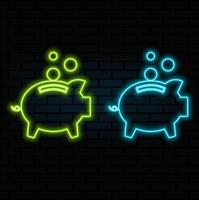 Piggy bank with coin simple icon . Flat design. Blue neon style on button. With shadow vector