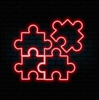 Neon sign puzzle. Abstract puzzle symbol. Isolated glowing blue outline puzzle on dark background for design template. icon. Puzzle icon. 3d . Line art. vector