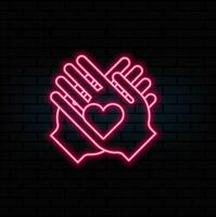 medical heart on hand icon cyan neon effect, frame, leave shadow and dark wall backdrop vector