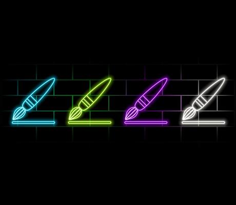 Neon light glow effect. Paint brush line icon. Wall paintbrush sign. Creative drawing art symbol. 3d line neon glow icon. Brick wall banner. Brush outline.