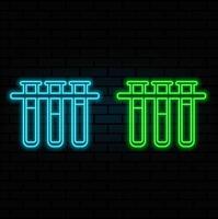 Glowing neon line Test tube and flask laboratory chemical test icon isolated on brick wall background. Laboratory glass sign. . green color. vector