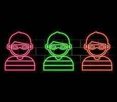 Glowing neon line Thief mask icon isolated on brick wall background. Bandit mask, criminal man. vector