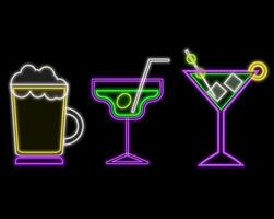 Set line Cotton candy, Sauce bottle, Cocktail and Paper glass with straw. Glowing neon icon. vector