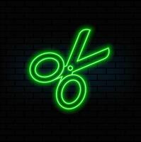 Scissors, simple icon or logo. green neon style on black background. Light linear icon with editable stroke vector