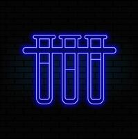 Glowing neon line Test tube and flask laboratory chemical test icon isolated on brick wall background. Laboratory glass sign. vector