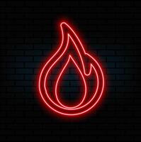 Glowing neon Fire flame icon isolated on brick wall background. vector