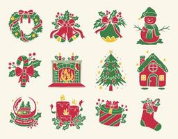 A set of simple Christmas icon designs featuring traditional holiday elements such as holly, ribbons, stockings, and trees in a bold and festive style. vector