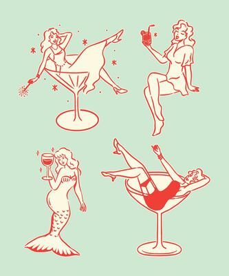 A collection of retro cocktail girl illustrations featuring vintage-inspired characters seated in glasses and holding drinks, showcasing elegance and festive charm.