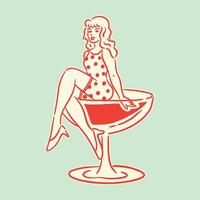 A vintage-inspired girl in a polka dot dress perched on a cocktail glass, adding a whimsical charm to designs. vector