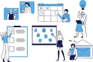 A set of collaborative work scenes illustrating productivity through teamwork and the use of digital tools in the workplace. vector