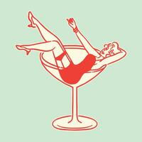 A relaxed retro girl lying in a cocktail glass, capturing a mix of elegance and playfulness in design. vector