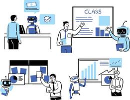 A collection of illustrations depicting humans collaborating with AI assistants across various job roles, enhancing productivity and innovation. vector