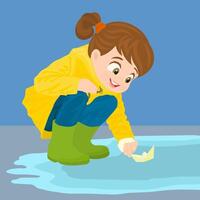 Happy girl plays with paper boat in a puddle vector