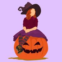 Little witch sitting on a pumpkin vector
