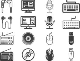 Line Editable icons set earphones, Monitor, Microphone, Keyboard, Radio, CD, Computer mouse, vector