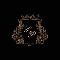 Golden wedding crest with floral branches in a dark background. B and P initial wedding logo. vector