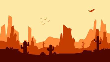 Landscape illustration of wild west desert with cacti and butte vector